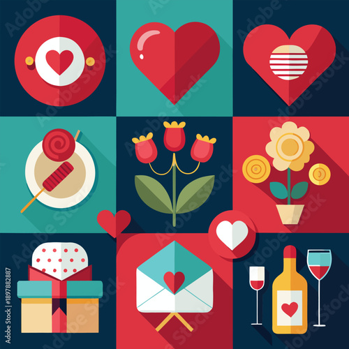 Wedding icon set with romantic love symbols hearts and decorative elements in vector style illustration