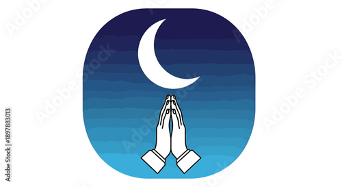 Praying hands and crescent moon icon, Islamic greeting, night sky background, vector art
