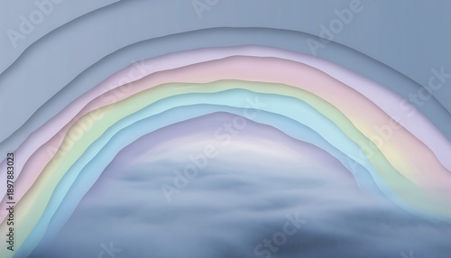 Gentle pastel rainbow, soft wavy layers in light blue, pink, yellow, and lavender hues, arching over a tranquil, misty blue grey background. Serene, dreamy, modern