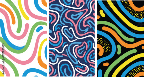 Abstract colorful wavy patterns, modern seamless backgrounds set, fluid shapes, geometric lines, vibrant design, creative texture, vector illustration, collection, wallpaper
