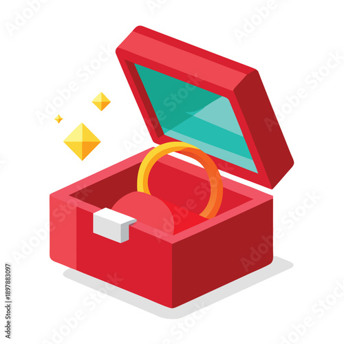 Open gift box with heart shaped ribbon and red love decoration