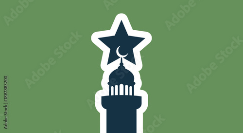 Stylized star and crescent moon symbol surmounting a mosque minaret in a monochrome design on an olive green background vector illustration