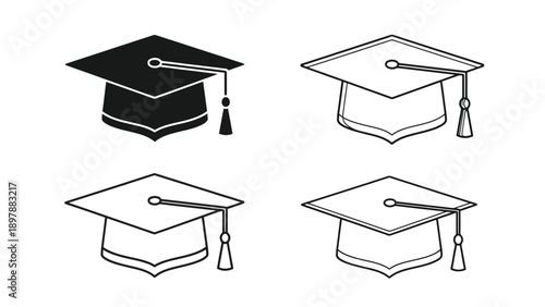 Collection of four graduation caps icons showcasing solid fill and outline styles