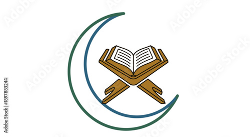Open holy book quran resting on rehal stand framed by a crescent moon outline symbolizing islamic wisdom and devotion on white background