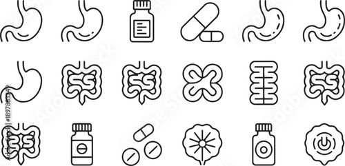 Collection of Medical and Digestive System Icons with Natural Remedies and Supplements