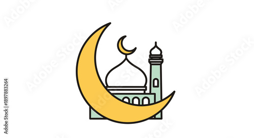 Mosque with minaret and dome nestled within a large golden crescent moon on a white background colorful vector illustration