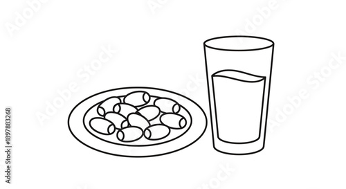 Plate of dates and glass of water vector illustration, food and drink for iftar and suhoor during Ramadan, simple icon for Muslim holiday