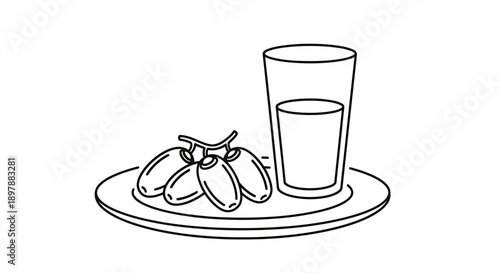 Plate of dates on a branch with glass of water vector illustration, traditional food and drink for Ramadan iftar and suhoor, Islamic icon