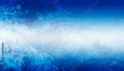 Beautiful frosty blue winter background featuring intricate ice patterns and delicate falling snowflakes, creating a sparkling, cold, and magical festive atmosphere with