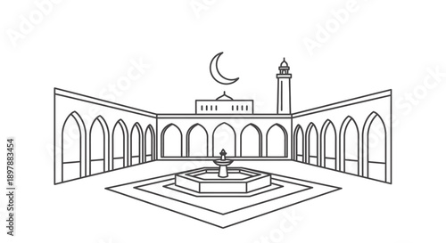 Islamic mosque courtyard building with arched colonnade, central fountain, minaret, crescent moon symbol overhead, traditional Islamic architecture, religious landmark