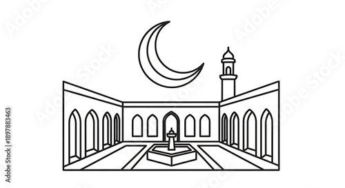 Traditional Islamic mosque courtyard with fountain and arched colonnade, crescent moon above minaret, Arabian architecture, cultural landmark, religious building