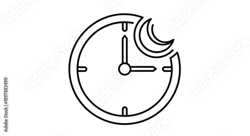 Fasting time clock icon with crescent moon symbol for ramadan schedule and prayer timings concept in minimal line art style for islamic holiday celebration planning and design