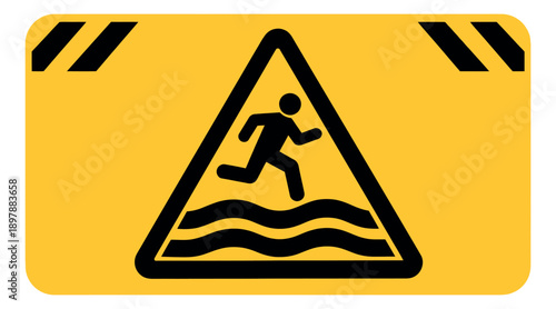 Hazard sign illustration of a person running in water depicting a flood risk for public safety awareness