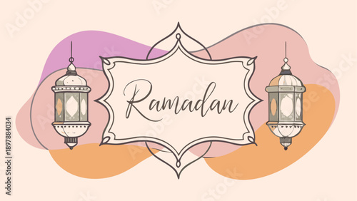 Celebrating the sacred month of ramadan with traditional islamic lanterns and elegant arabic calligraphy isolated on white background, Vector