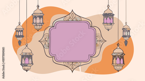 Elegant traditional lanterns and ornate frame design for festive or cultural celebration decorations isolated on white background, Vector