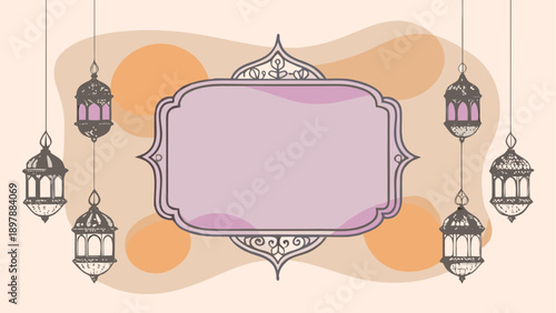 Elegant decorative lanterns framing an ornate empty frame for festive or cultural presentations isolated on white background, Vector