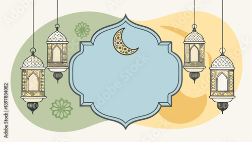 Elegant islamic-inspired decorative lanterns with crescent moon and floral accents for festive or cultural ambiance isolated on white background, Vector