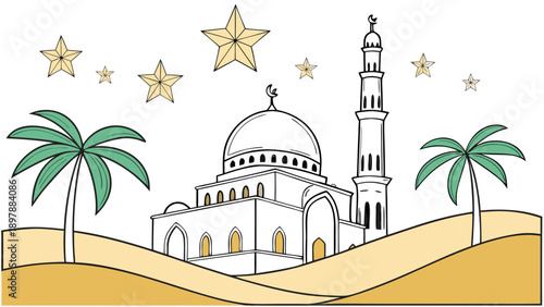 A whimsical illustration of a mosque surrounded by palm trees under a starry night sky isolated on white background, Vector
