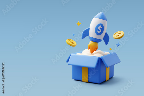 3D Vector Rocket launching from a gift box with coins and sparkles, Business growth, Finance success, Innovation, Promotion and Profit expansion concept.