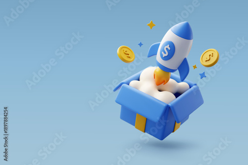 3D Vector Rocket launching from a gift box with coins and sparkles, Business growth, Finance success, Innovation, Promotion and Profit expansion concept.