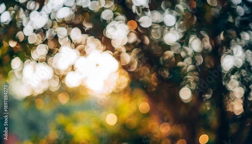 Abstract bokeh background with soft shimmering golden, yellow, and orange light circles. Dreamy, natural light texture from out of focus sunlight through autumn leaves,