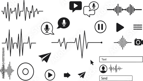 Comprehensive audio production icon set featuring sound waves, microphones, play buttons, video recording symbols, and digital communication elements for multimedia projects.