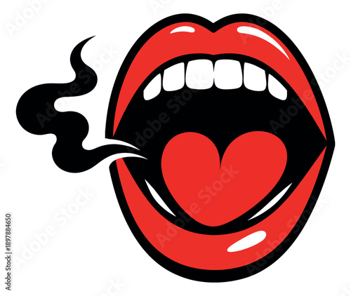 Graphic illustration of an open mouth depicting a heart and smoke for passionate expression