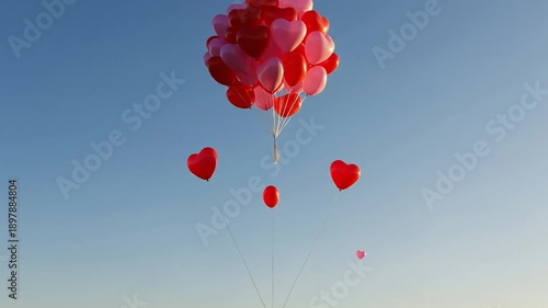 Red and Pink Heart Balloons Release Into Blue Morning Sky Valentine's Day