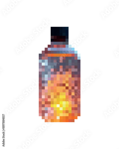 Warm amber, light yellow, fiery orange and golden. Glowing potion in pixel style. Radiant energy. Glass bottle filled with  luminous liquid. Vector icon for medieval-style RPG games. Alchemistry