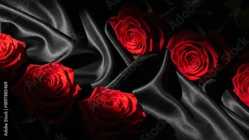 Rouge Roses on Black Silk Fabric Dramatic Opulent Texture Loop Valentine's Day
