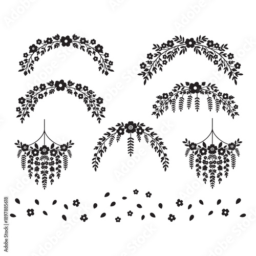 Black Silhouette Blooming Flowers and Floral Decorations Vector Set