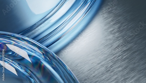 Abstract background featuring glossy, curving blue liquid glass tubes overlapping a textured, brushed metallic silver surface creating a dynamic, modern, and sleek