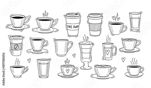 Hand drawn coffee cup doodle outline vector set with minimalist sketch style mugs and takeaway cups