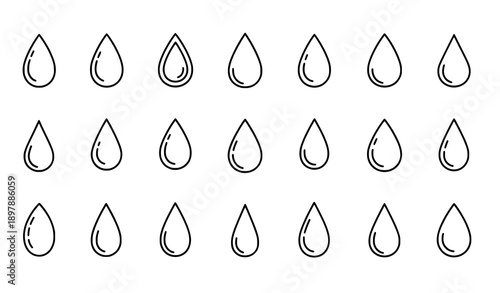 Outline water droplet icon vector set with clean line art liquid symbols