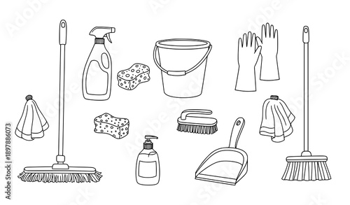 Hand drawn cleaning tools doodle outline vector set with household wash equipment icons