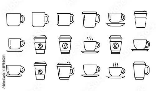 Outline coffee cup icon vector set with clean line art mugs and takeaway cups on white background