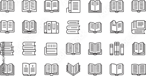 Collection of Various Book and Reading Icons in Minimalist Line Art Style