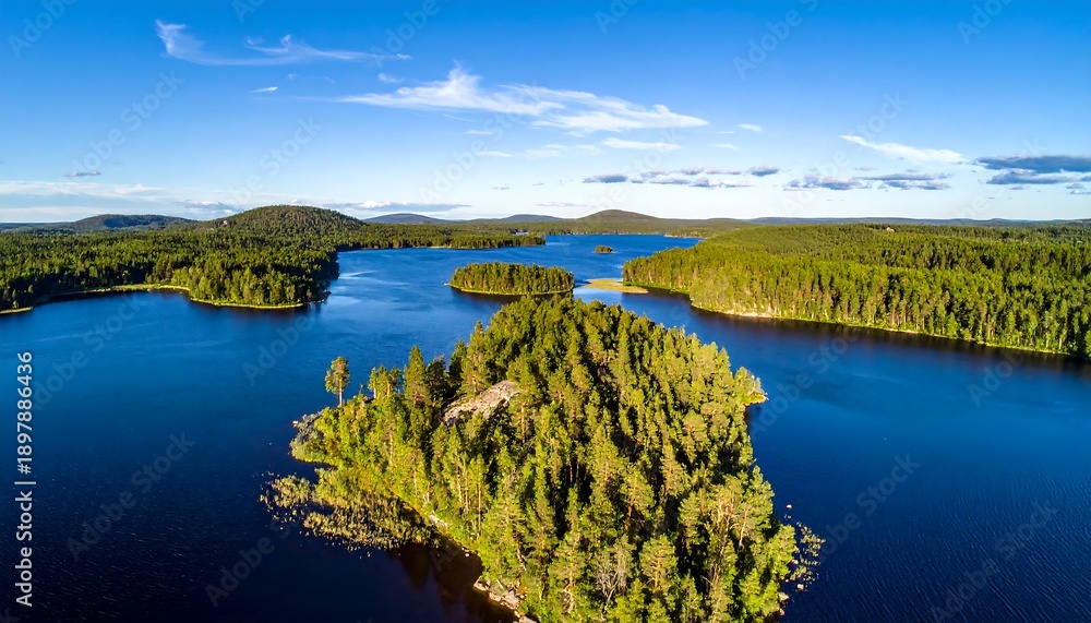 Naklejka premium Aerial view of a lake with islands and surrounding evergreen forests under a bright blue sky
