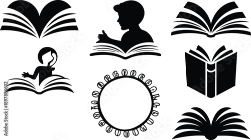 Bundle world book day silhouette with alphabet frames and open books