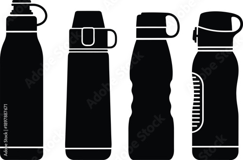 Set of four reusable water bottle and thermos flask black silhouettes isolated on white background for hydration concept.