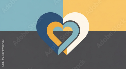 Interconnected hearts in blue yellow and white on a contrasting background