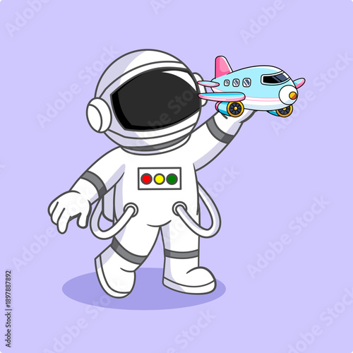Cute Astronaut Having Fun with Small Airplane Vcetor Illustration Cartoon Design