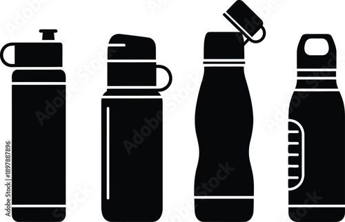 Black silhouette collection of different reusable water bottles and vacuum insulated thermos flasks for outdoor travel sports and hydration isolated on white background.