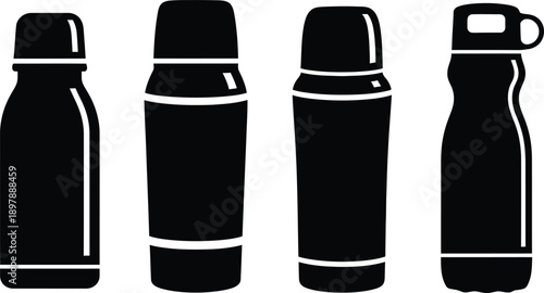 Black silhouette collection of vacuum thermos bottles and insulated water flasks for outdoor travel and picnic isolated on white background.