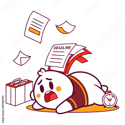 Adorable Cartoon Character Exhausted by Deadline, Collapsed with Papers and Briefcase.