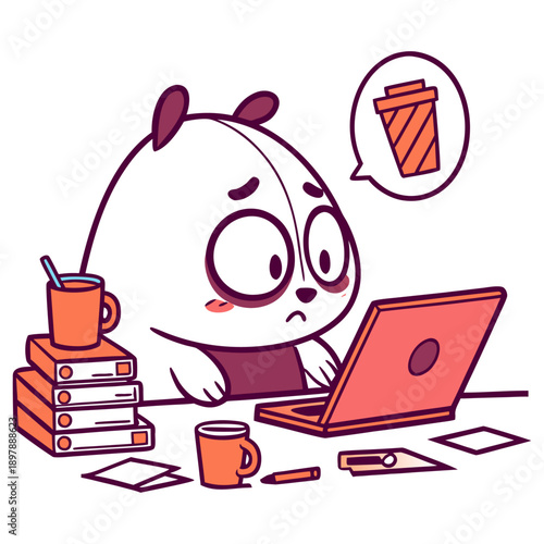 Cute Panda Procrastinating at Desk, Tired with Laptop, Coffee and Book Stack.
