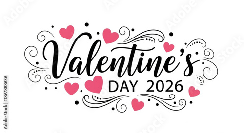 Valentine's day 2026 greeting with pink hearts and black swirls on white background for love and romance