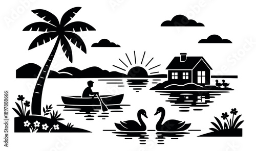Silhouette illustration of a lake scene depicting a tranquil sunrise with wildlife for travel and nature designs