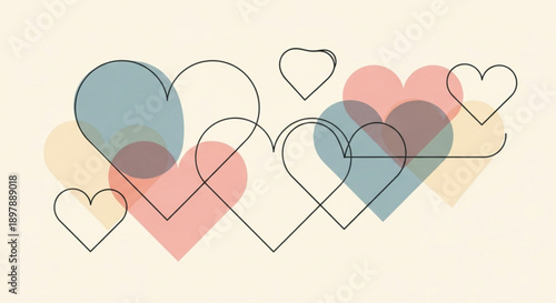 Interconnected hearts in pastel colors on beige background symbolizing love and connection