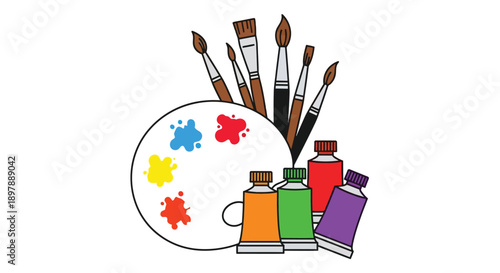 Colorful art supplies including paintbrushes paints and a palette